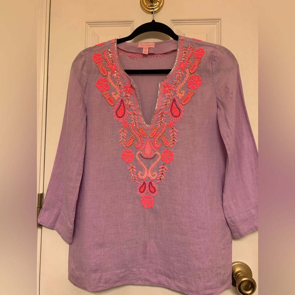Lilly Pulitzer lavender tunic with sparkling hot pink embroidery.